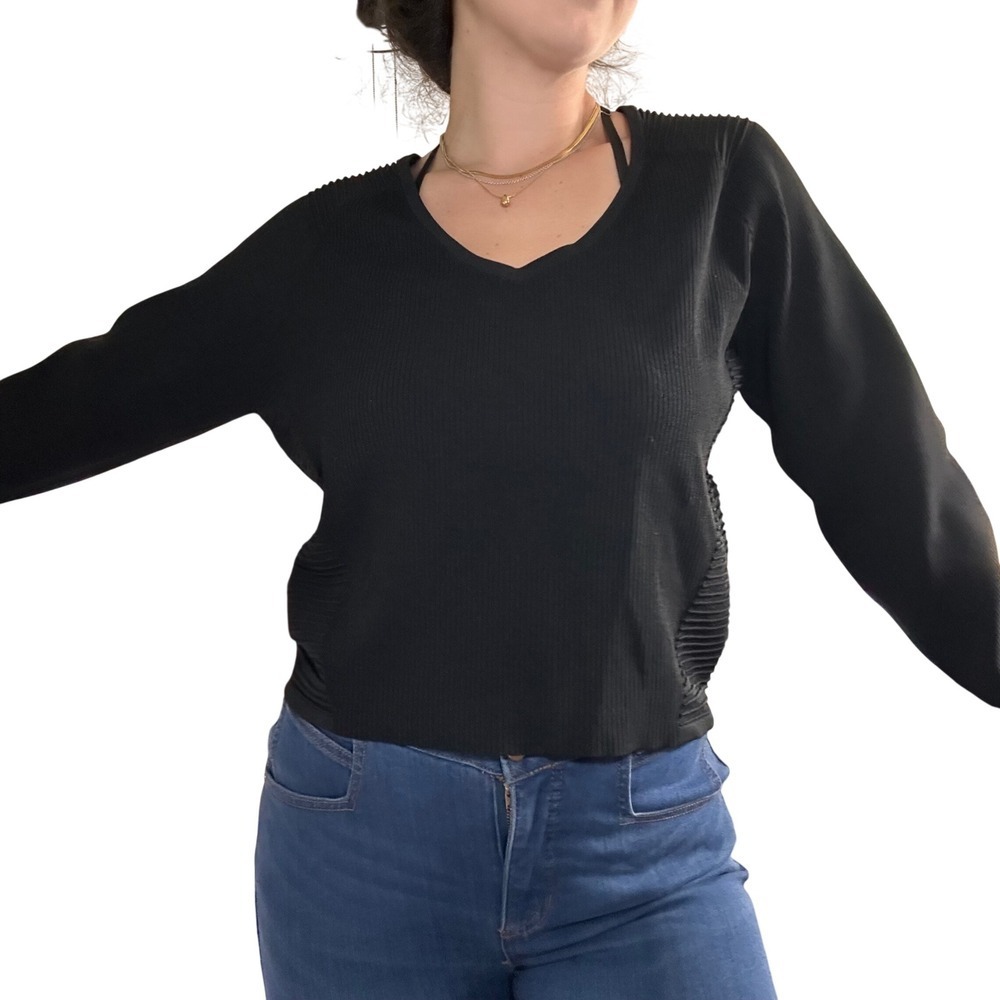 Express Body Contour Top Women Large Black Ribbed V-Neck Long Sleeve Textured